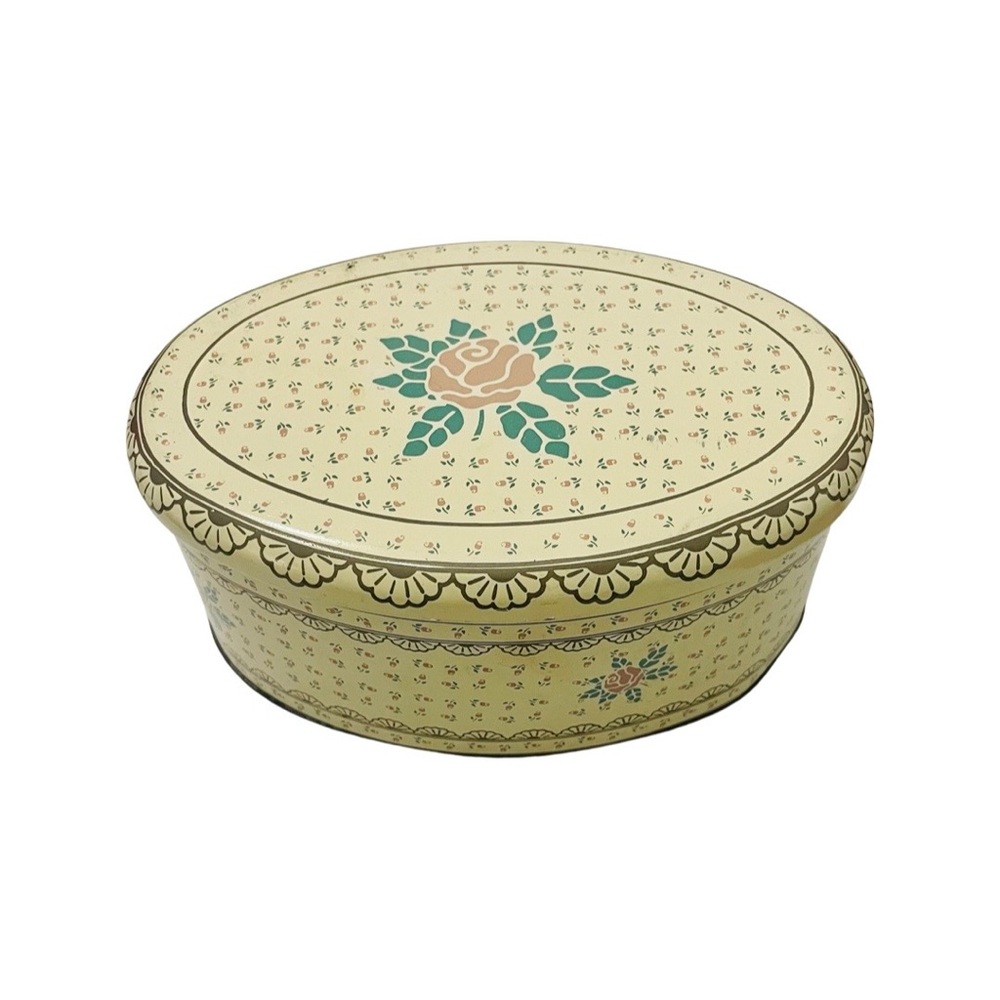 Vintage Meister Yellow and Blush Rose Oval Candy Tin Floral Metal